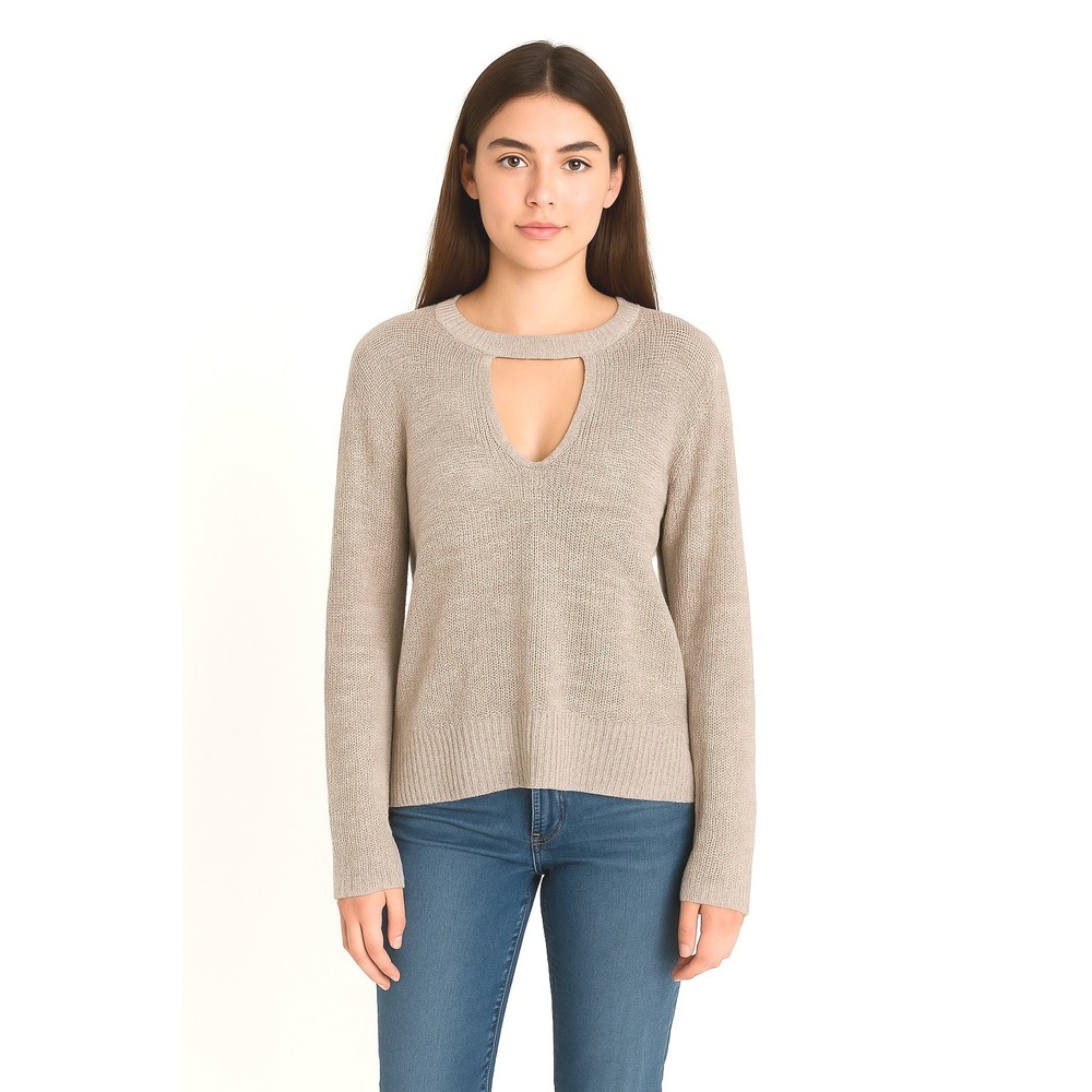 Miami Women's Large Cut‎ Out Crew Neck Long Sleeve Knit Sweater Taupe Made USA